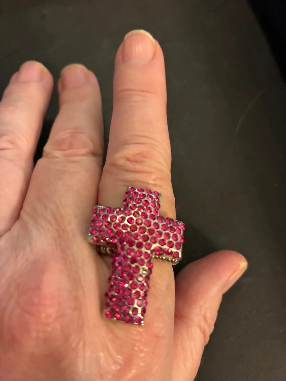 Pink Cross Statement Stretch Ring. Pink crystals encrust this cross ring. NWT